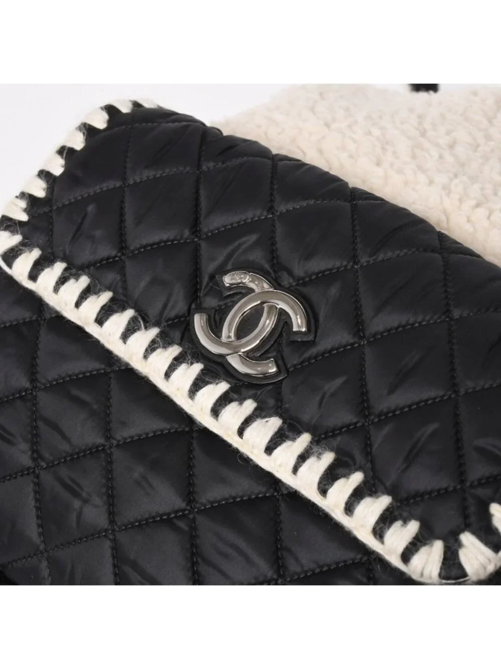 Chanel Coco Niege Neige Backpack CC Logo Nylon Fleece Beige Black